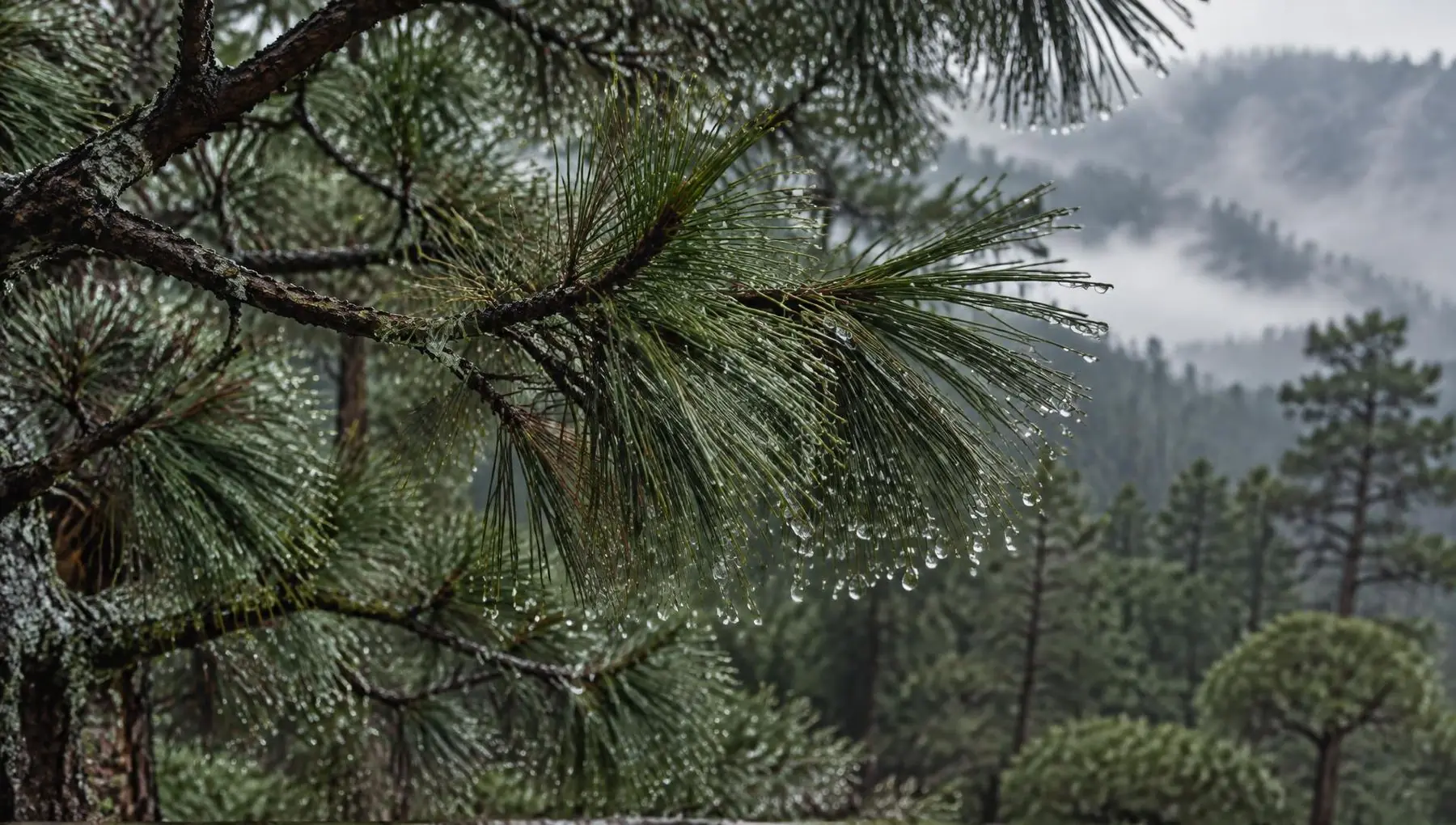 Rain-wet pine needles with misty hills behind